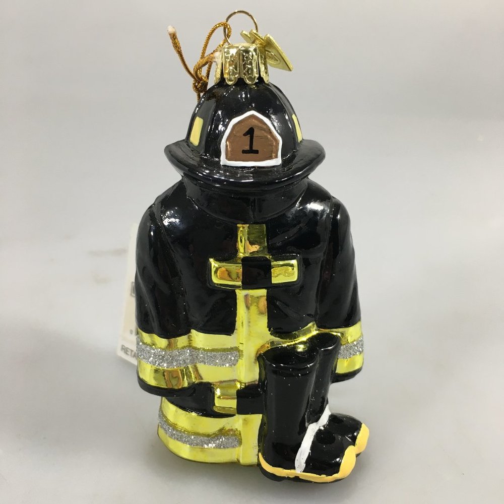 Kurt Adler Noble Gems Firefighter Black Uniform Hat Boots Glass Ornament NEW